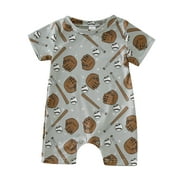 Boys Girls Short Sleeve Cartoon Baseball Printed Pullover Romper Sweatshirt Jumpsuit Adorable Baby Versatile